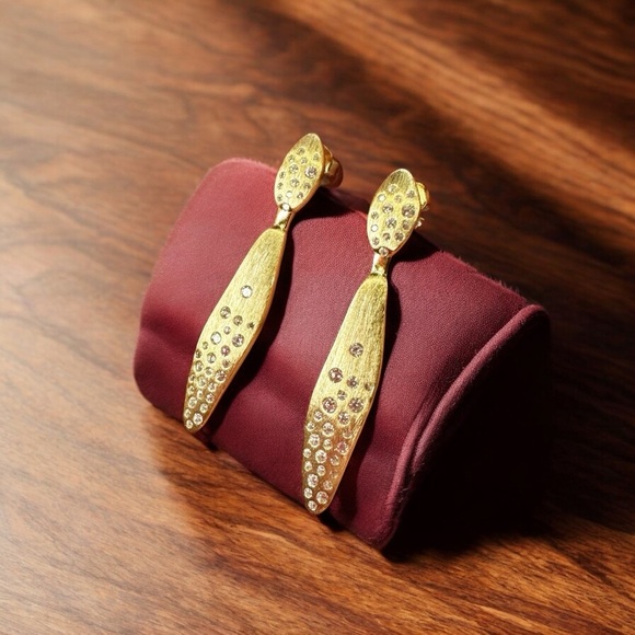 NEW Elegant Brushed Gold-Plated Sterling Silver Crystal Encrusted Drop Earrings - Picture 1 of 16